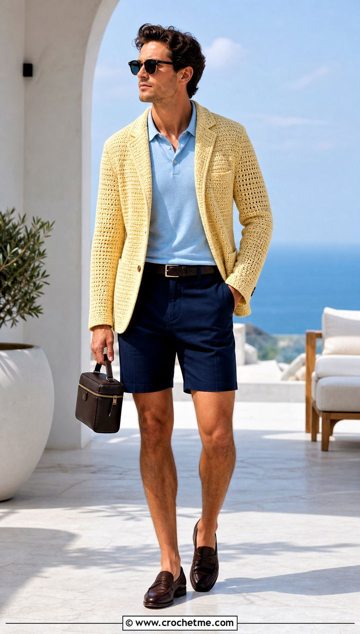 Crochet Blazer Jacket With Tailored Shorts - 15 Crochet Mens Jacket outfit ideas