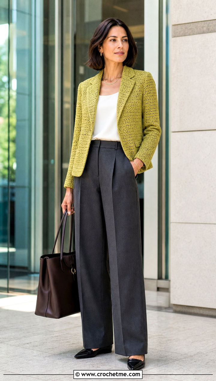 Crochet Blazer Jacket With Tailored Trousers - 35 crocheted jacket outfit ideas