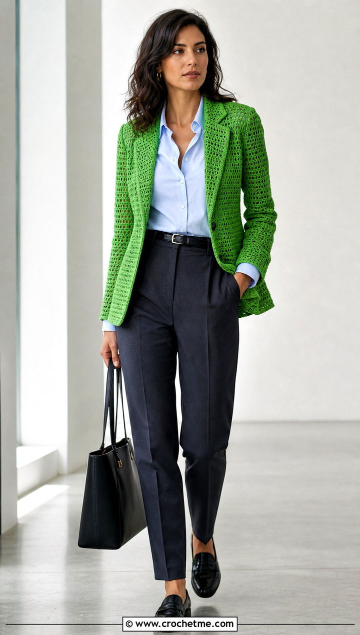 Crochet Blazer Jacket With Tailored Trousers - 30 crochet winter jacket outfit ideas