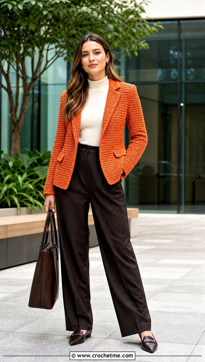 Crochet Blazer With Pleated Trousers - 35 Modest Crochet Outfit Ideas