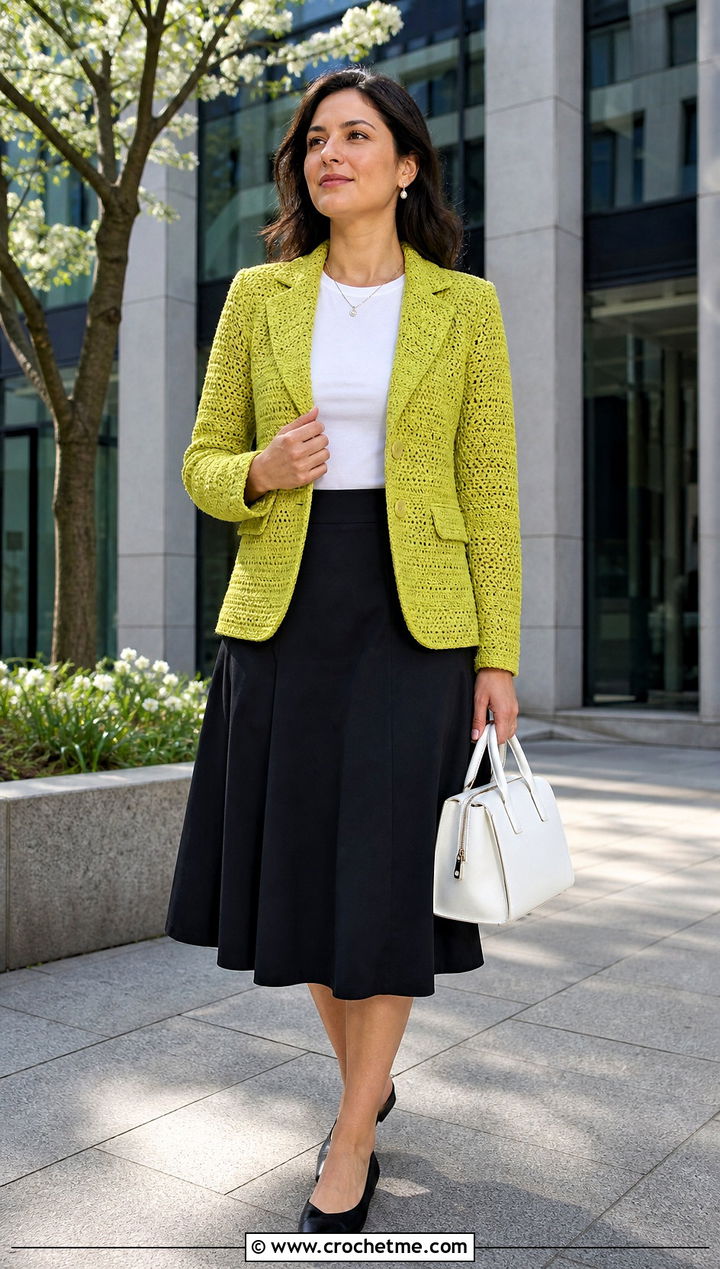 Crochet Blazer With T Shirt And Midi Skirt - 30 Spring Crochet Clothes Ideas