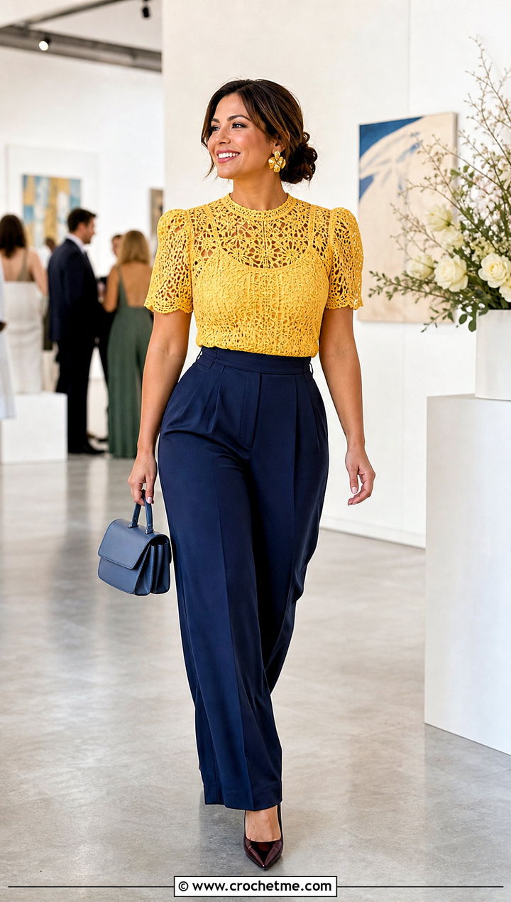 Crochet Blouse And Tailored Trousers Wedding Guest Outfit - 25 crochet wedding guest outfit ideas