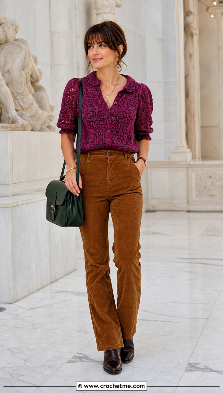 Crochet Blouse With Corduroy Pants - 15 Crochet Lady Tops outfit ideas