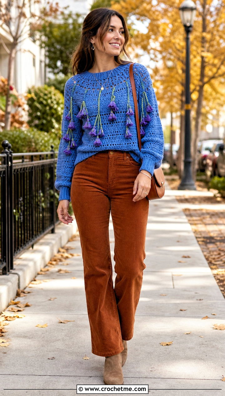 Crochet Bluebell Sweater With Corduroy Pants - 30 crochet flowers on sweater outfit ideas