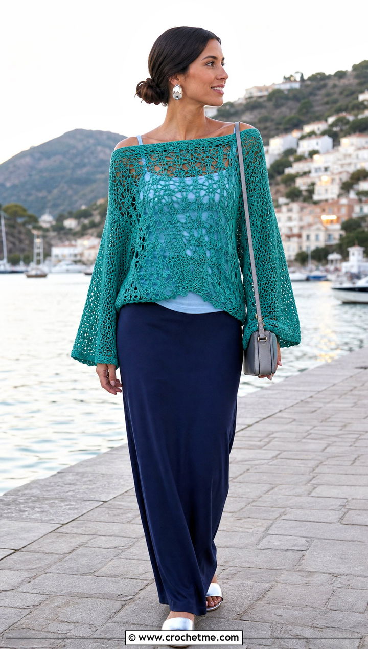 Crochet Boat Neck Cover Up Sweater With Maxi Skirt - 35 crochet summer cover up outfit ideas