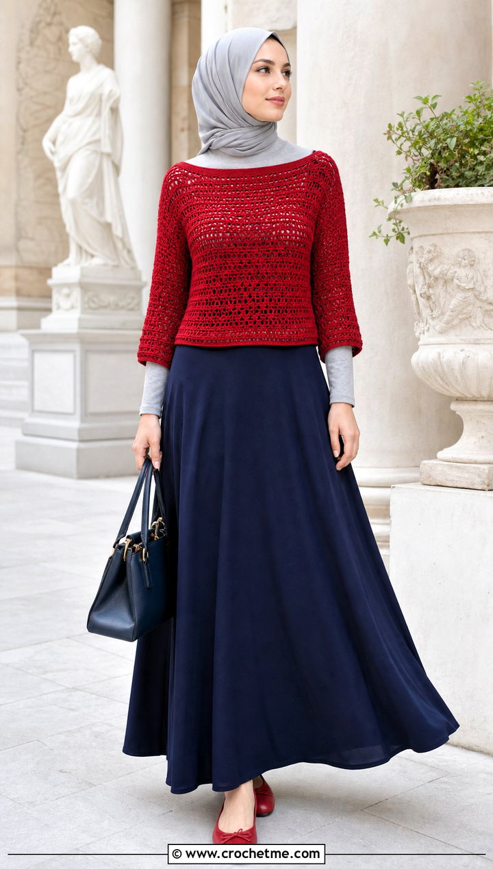 Crochet Boat Neck Top With A Line Maxi Skirt - 20 crochet top hijabi outfit ideas