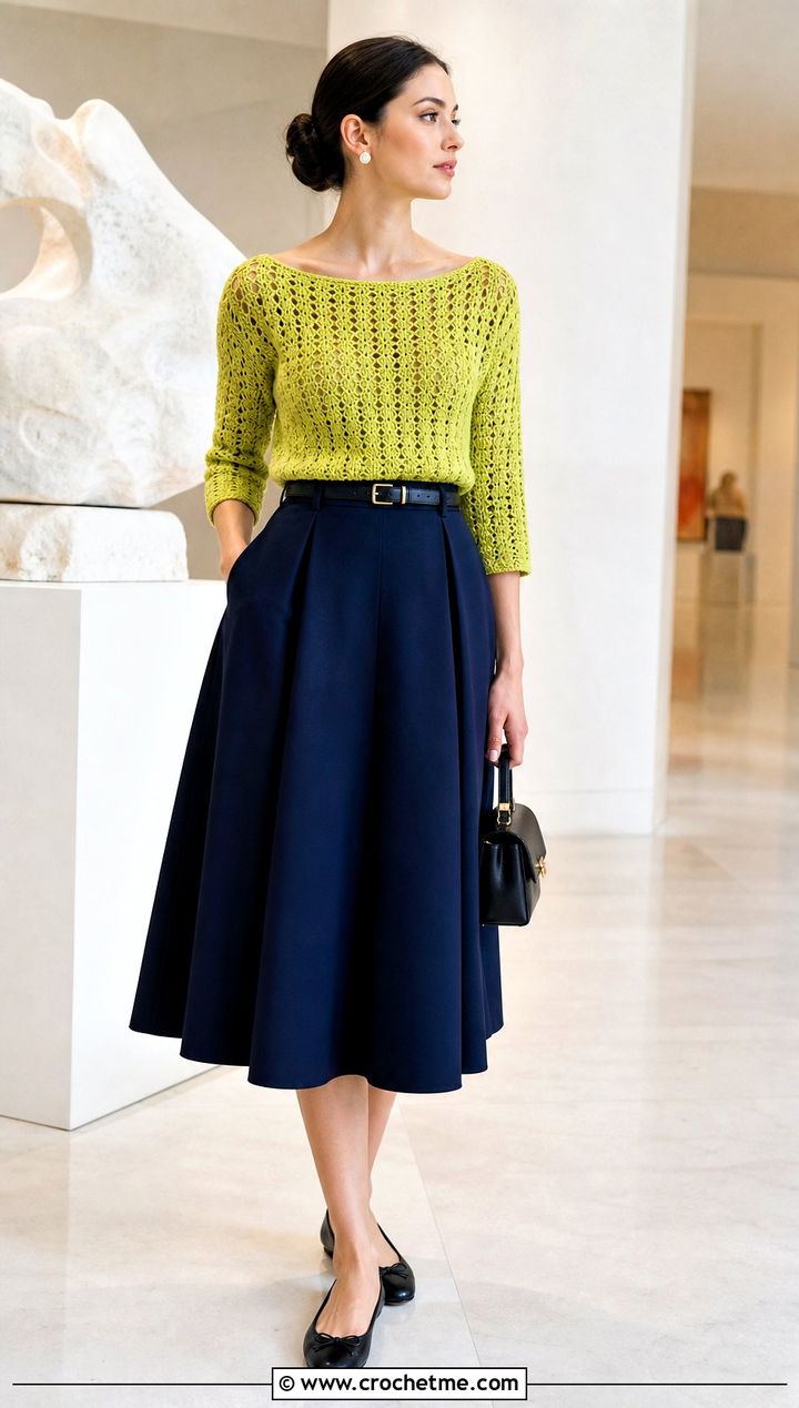 Crochet Boat Neck Top With A Line Midi Skirt - 25 cute easy crochet tops outfit ideas