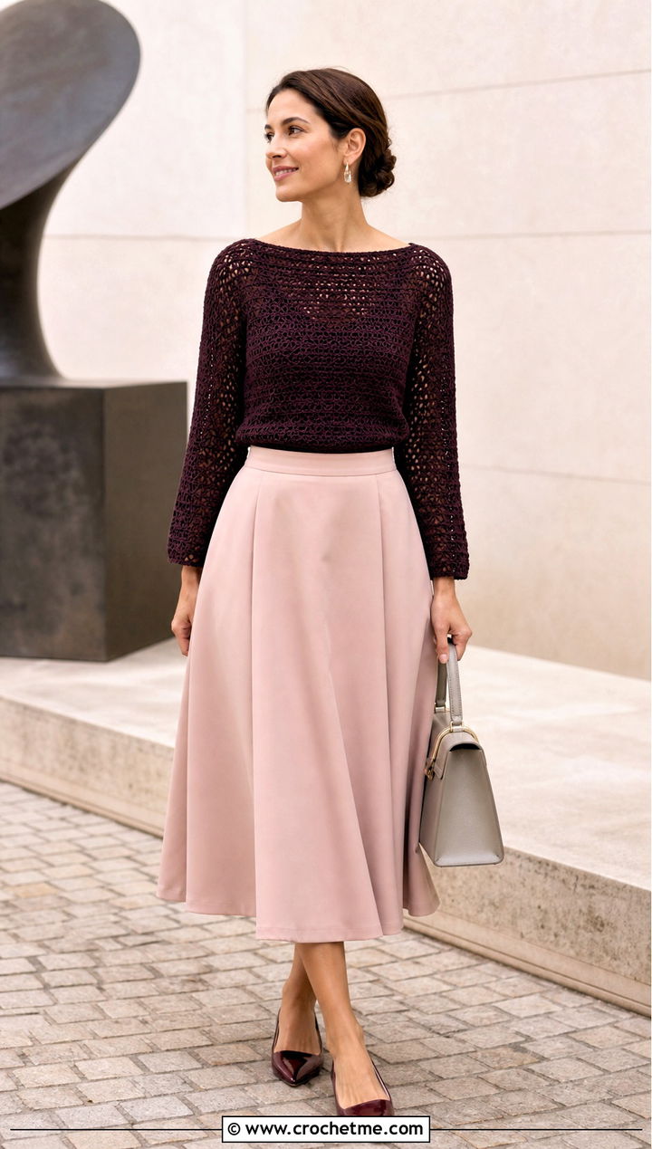 Crochet Boat Neck Top With A Line Midi Skirt - 35 Elegant Crochet Top outfit ideas