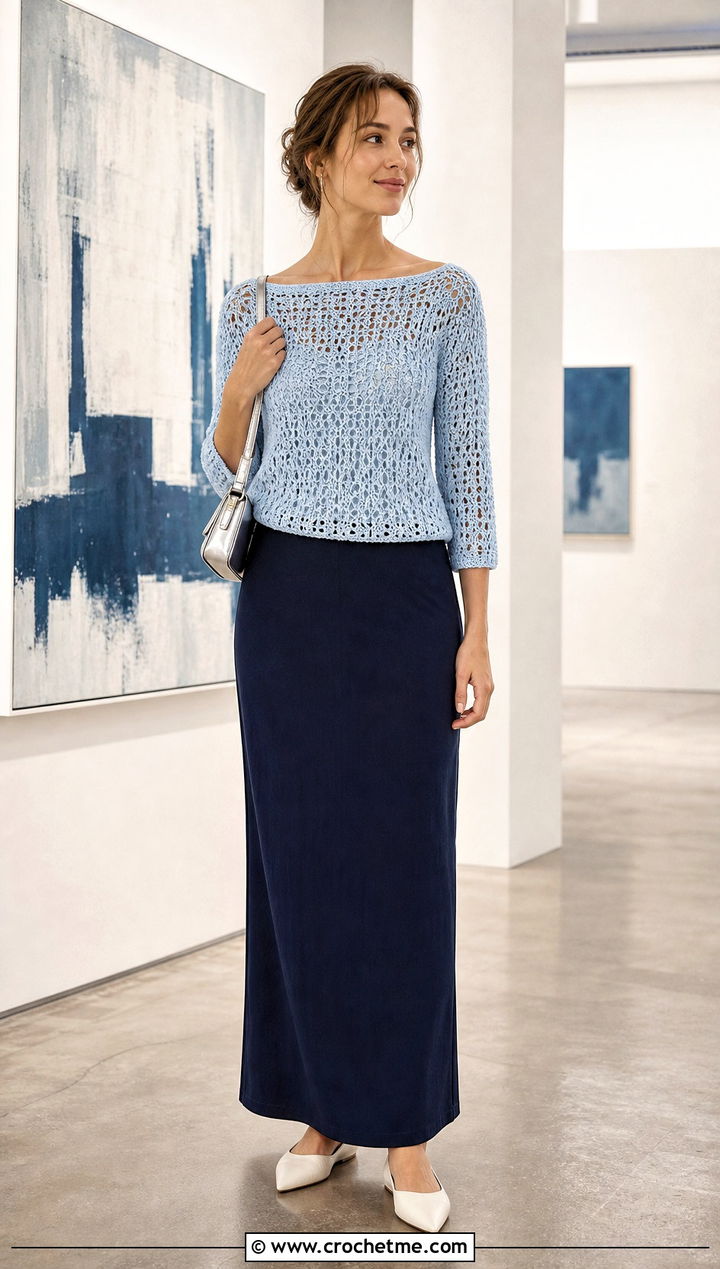 Crochet Boat Neck Top With Column Skirt - 25 crochet top not cropped outfit ideas