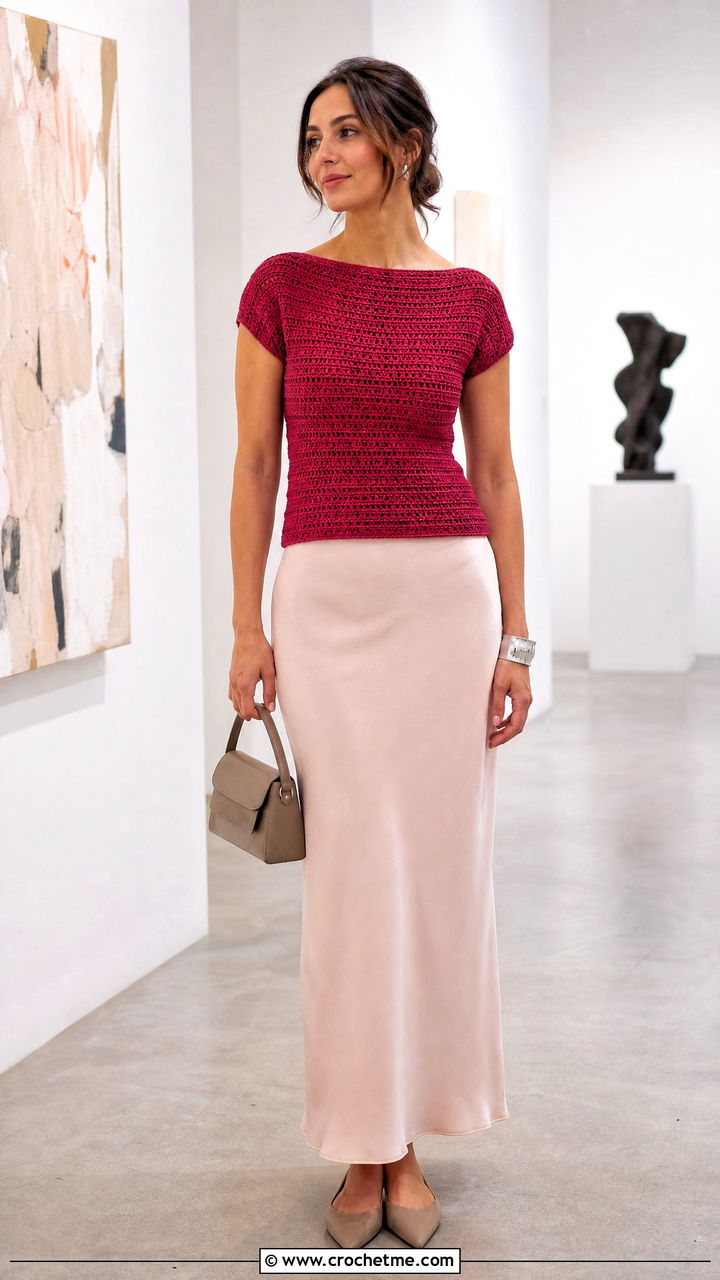 Crochet Boat Neck Top With Column Skirt - 35 summer crochet top outfit ideas