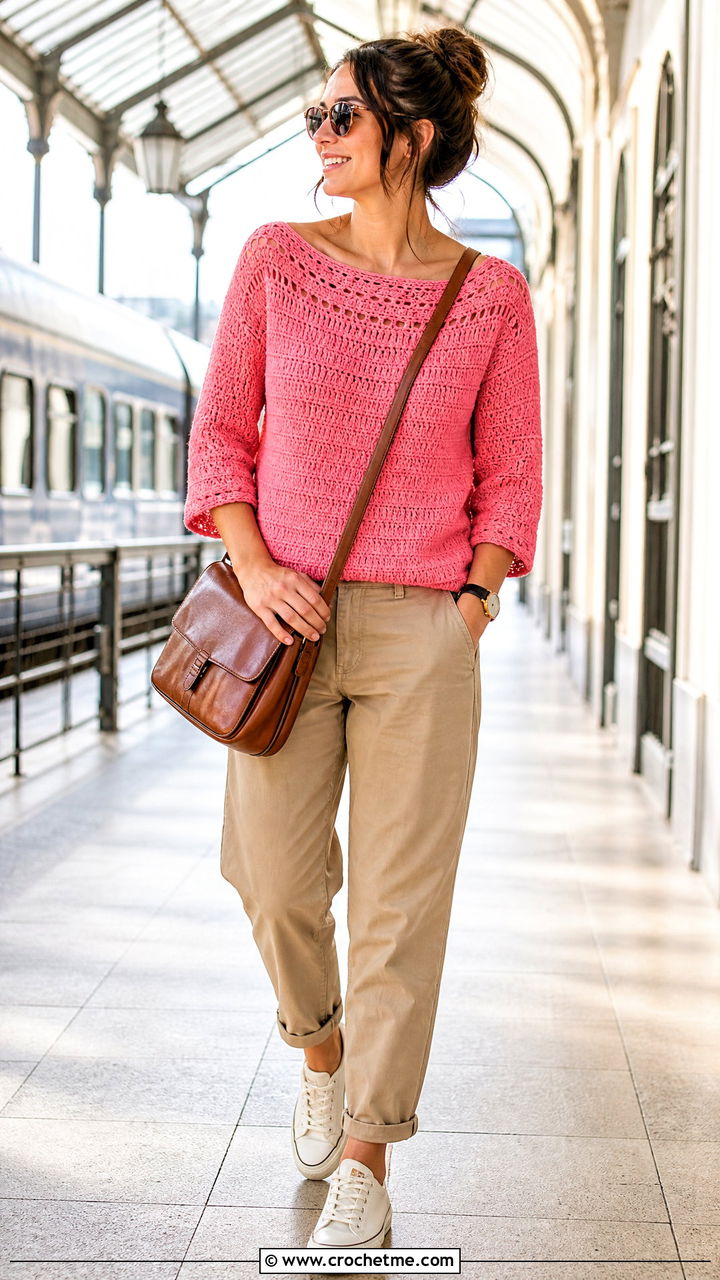 Crochet Boat Neck Top With Khaki Chinos - 35 crochet summer tops for women outfit ideas