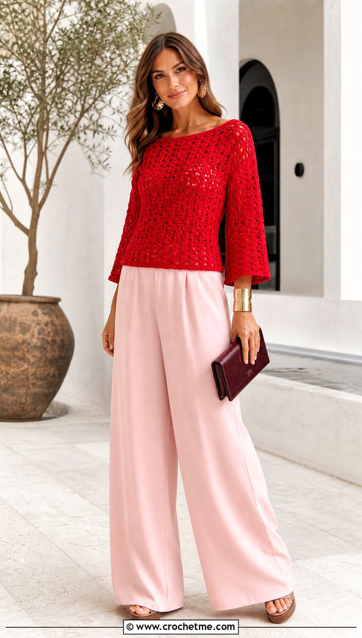 Crochet Boat Neck Top With Palazzo Pants - 35 Crocheted Summer Tops outfit ideas