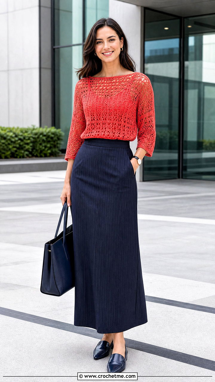 Crochet Boat Neck Top With Pinstripe Skirt - 35 Crochet Top And Skirt outfit ideas