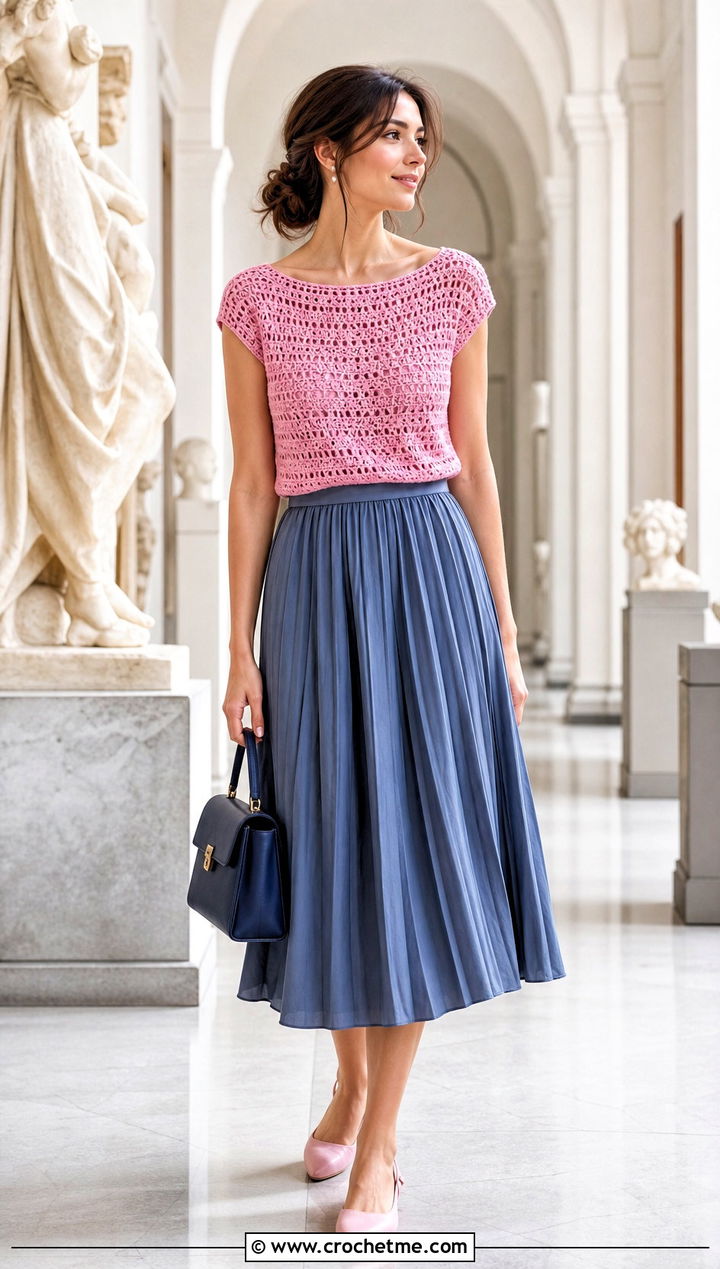 Crochet Boat Neck Top With Pleated Midi Skirt - 30 crochet knitted top outfit ideas