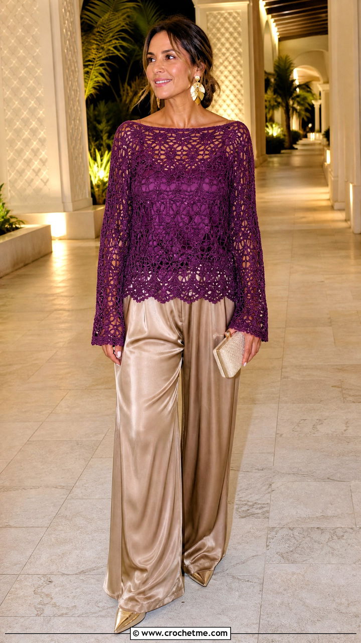 Crochet Boat Neck Top With Silk Trousers - 35 crocheted tops outfit ideas