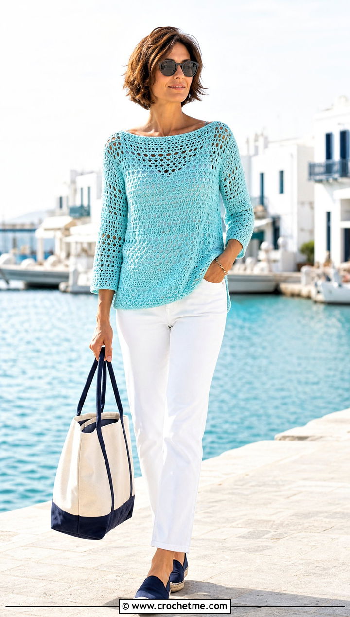 Crochet Boat Neck Top With White Jeans - 30 crochet summer top for women outfit ideas