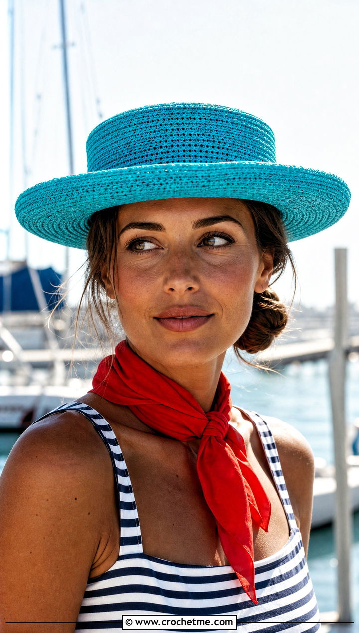 Crochet Boater Beach Hat With Striped Midi Dress - 30 crochet beach hats outfit ideas