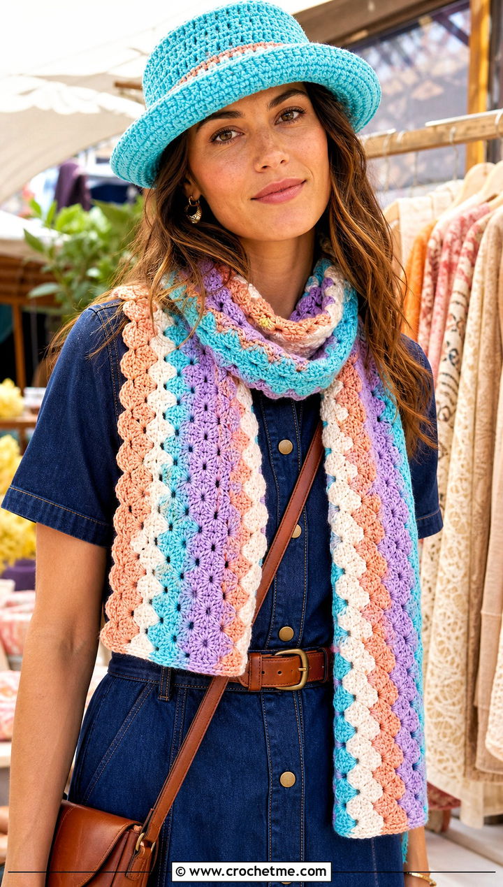 Crochet Boater Hat And Granny Stripe Scarf With Denim Dress - 25 crochet hat scarf outfit ideas