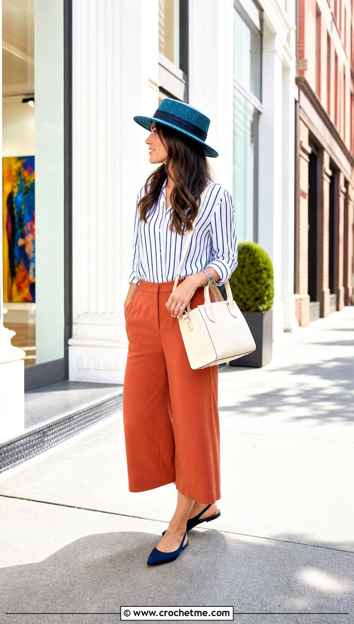 Crochet Boater Hat With Striped Shirt And Culottes - 35 quick crochet hat outfit ideas