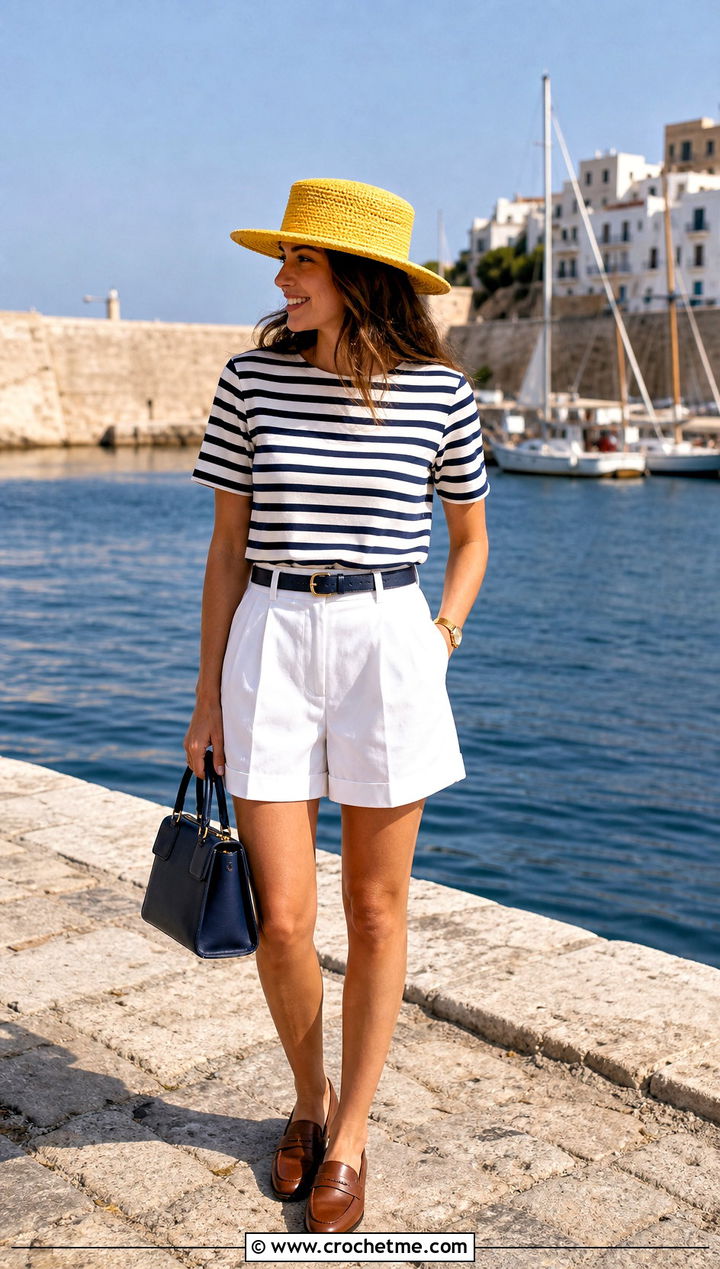 Crochet Boater Hat With Striped Shirt And Shorts - 35 summer crochet hat outfit ideas