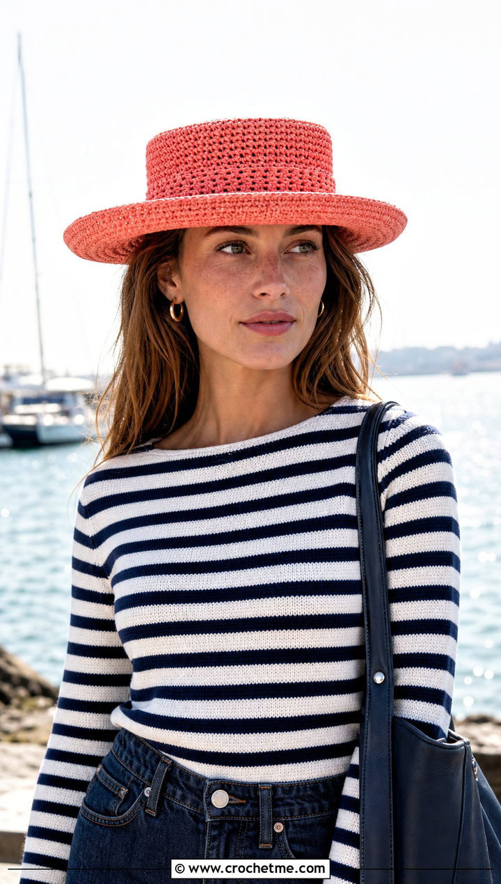 Crochet Boater Hat With Striped Top And Wide Leg Jeans - 25 easy crocheted hats outfit ideas
