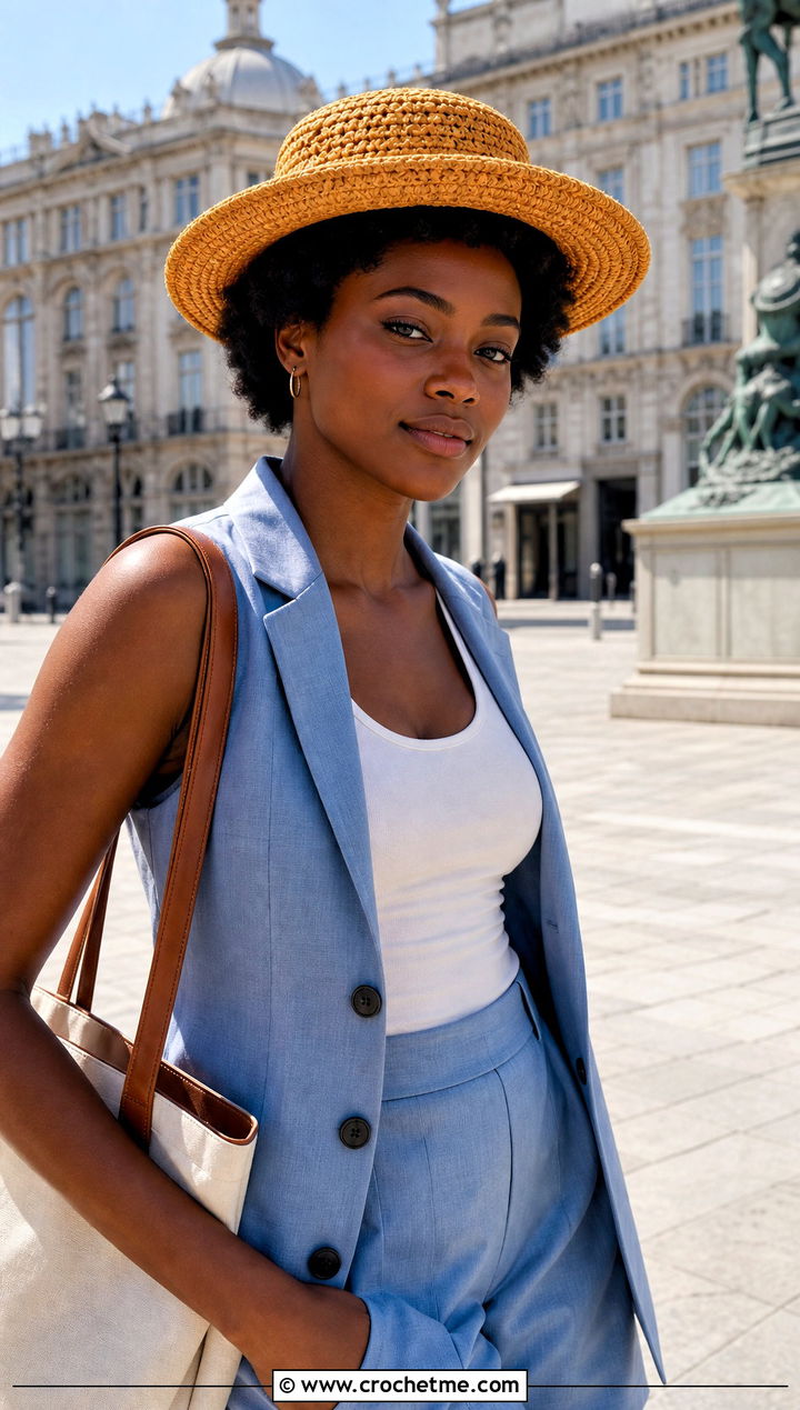 Crochet Boater Hat With Tailored Shorts - 30 crochet hats black women outfit ideas