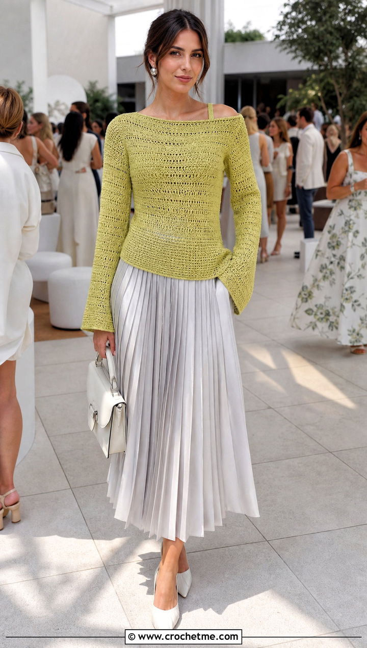Crochet Boatneck Sweater Set With Pleated Skirt - 25 Crochet Sweater Set outfit ideas