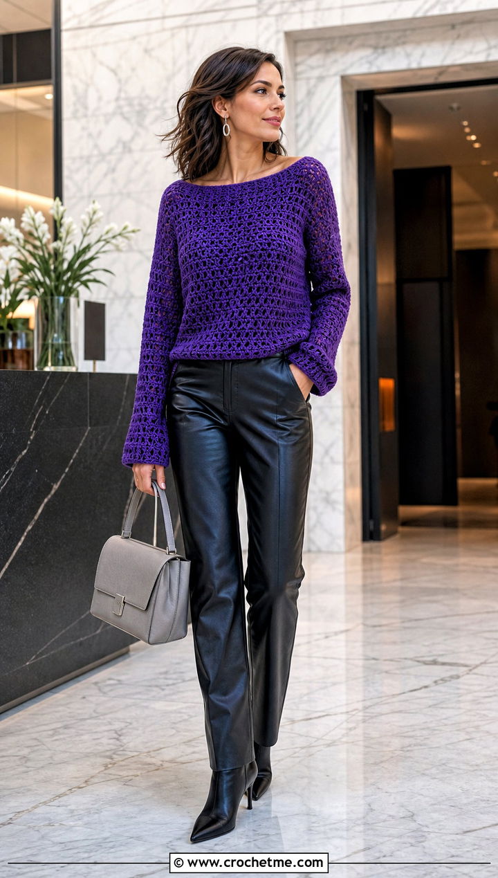 Crochet Boatneck Sweater With Faux Leather Pants - 25 Easy Clothes To Crochet For Beginners outfit ideas