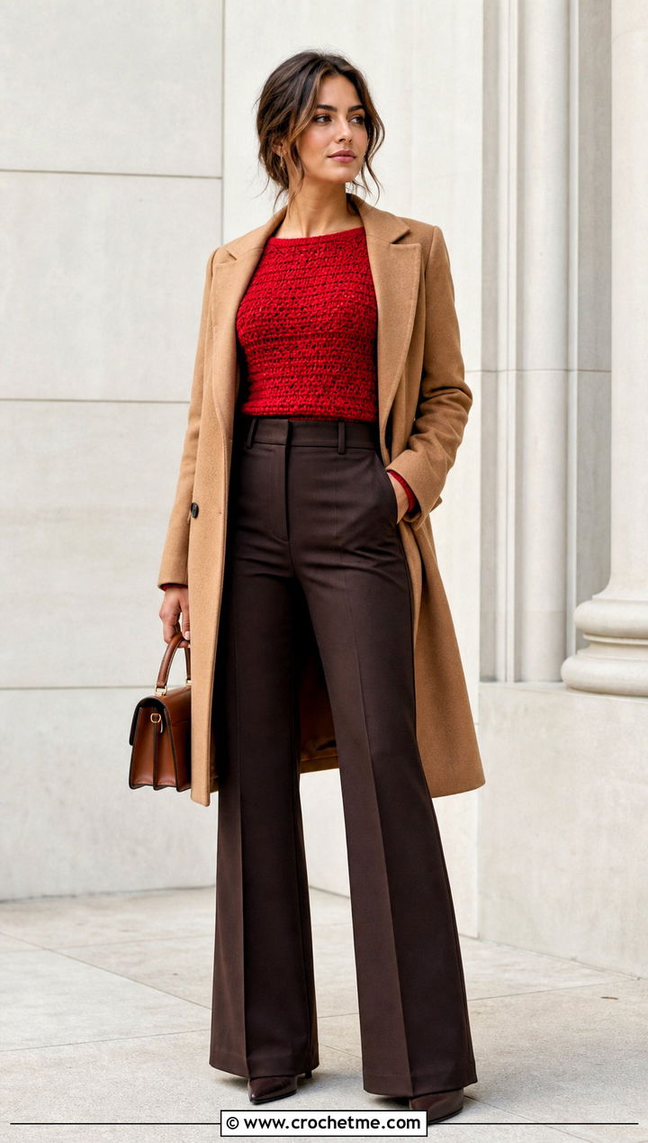 Crochet Boatneck Sweater With Tailored Flare Pants - 30 crochet winter sweater outfit ideas
