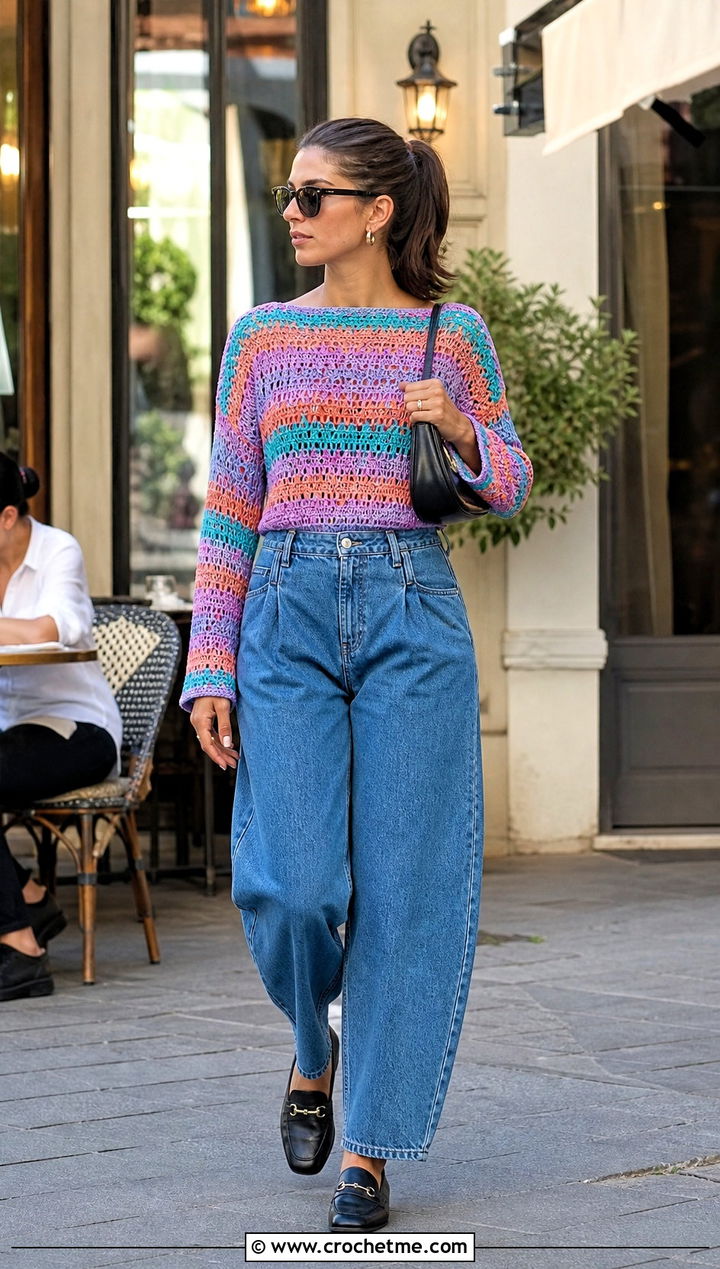 Crochet Boatneck Top With Barrel Jeans - 30 multi color crochet top outfit ideas