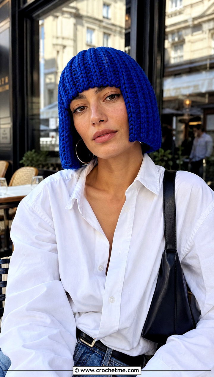 Crochet Bob Wig Hat With White Shirt And Jeans - 20 Crochet Wig Hat outfit ideas