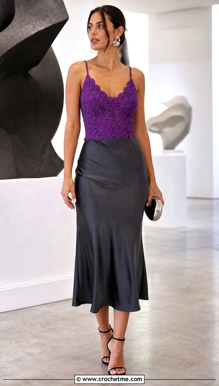 Crochet Bodice Satin Midi Dress With Strappy Heels - 15 Crochet Clothes With Fabric outfit ideas