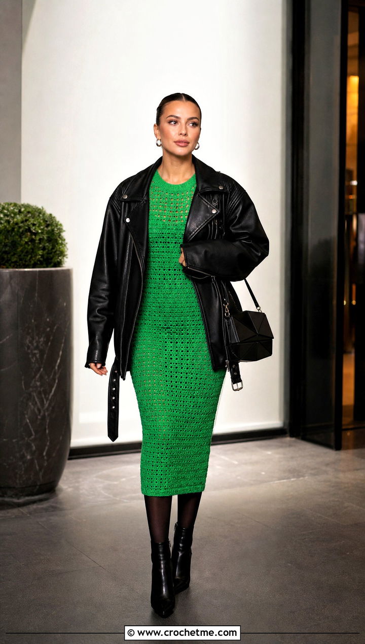 Crochet Bodycon Dress With Leather Jacket - 30 crochet dress for winter outfit ideas