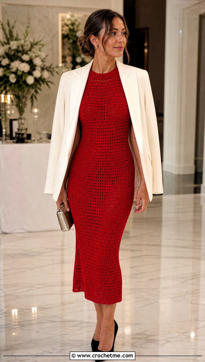 Crochet Bodycon Dress With Tuxedo Jacket - 30 fancy crochet dress outfit ideas