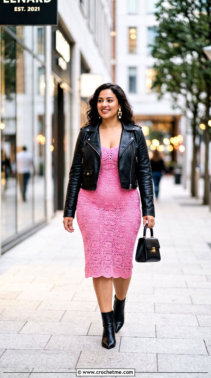 Crochet Bodycon Midi Dress With Leather Jacket - 30 crochet dresses ideas
