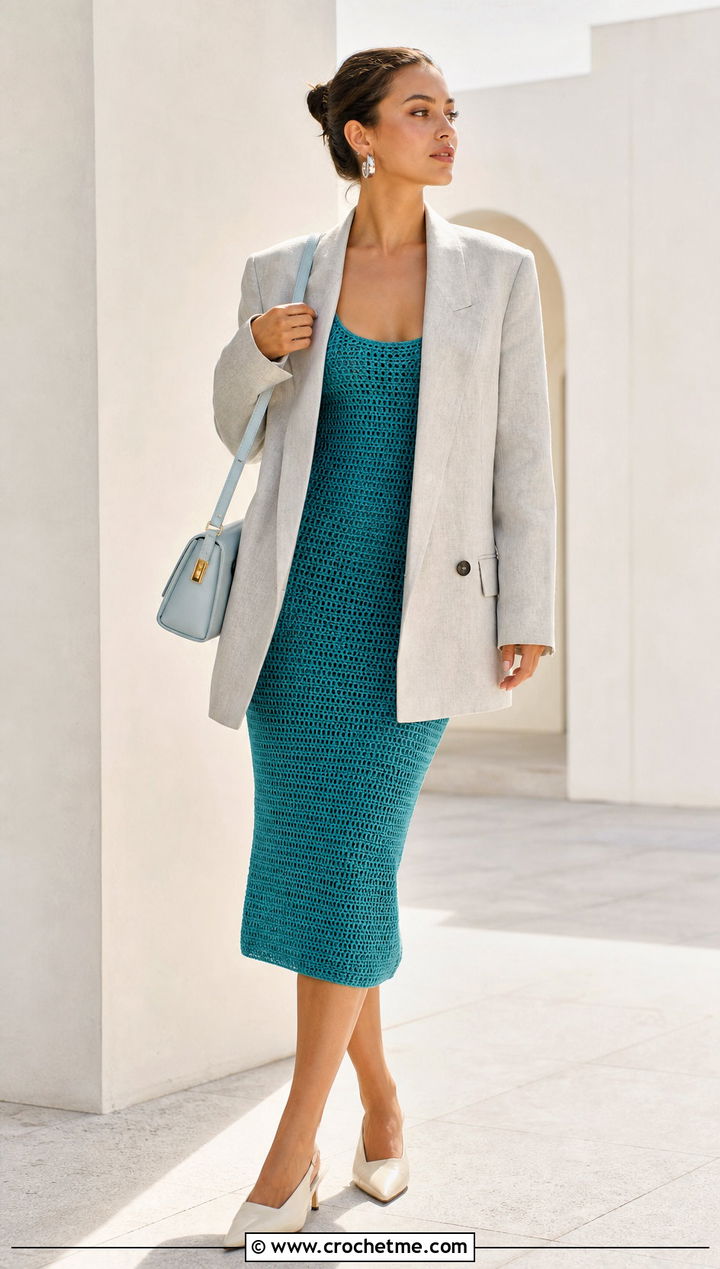 Crochet Bodycon Midi Dress With Oversized Blazer - 30 women crochet summer dress outfit ideas