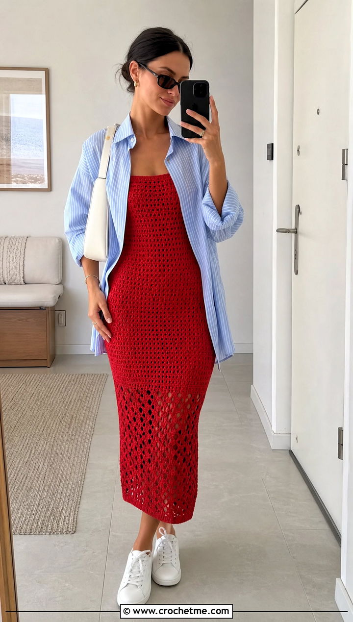 Crochet Bodycon Midi Dress With Oversized Shirt And Sneakers - 15 Spring Style Crochet Dress outfit ideas