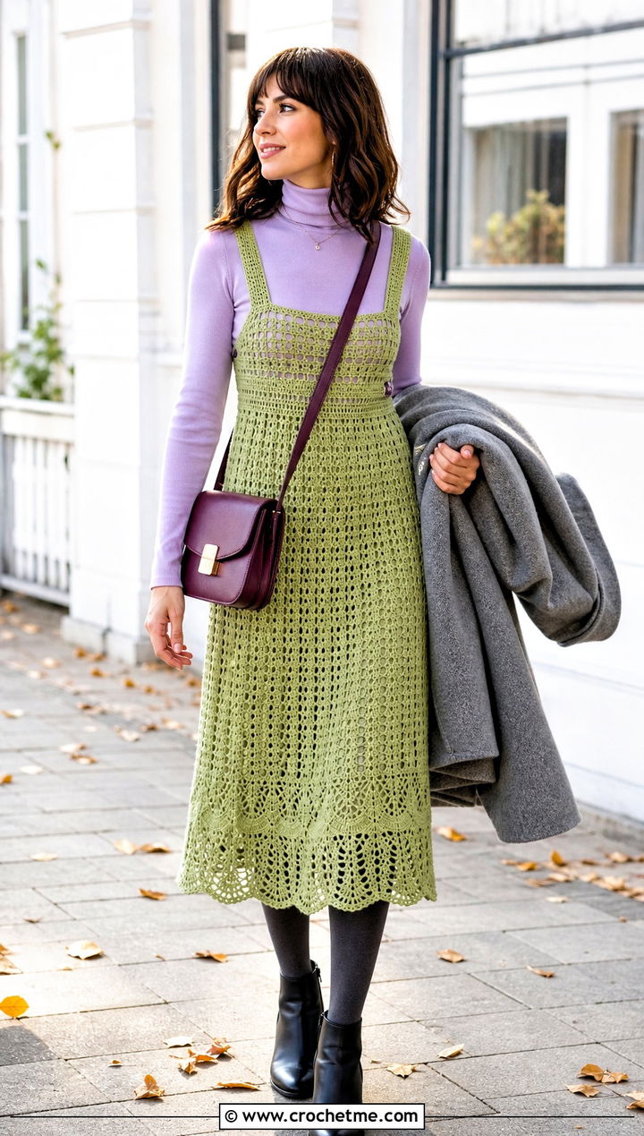 Crochet Boho Pinafore Dress With Turtleneck - 30 crochet boho dress outfit ideas