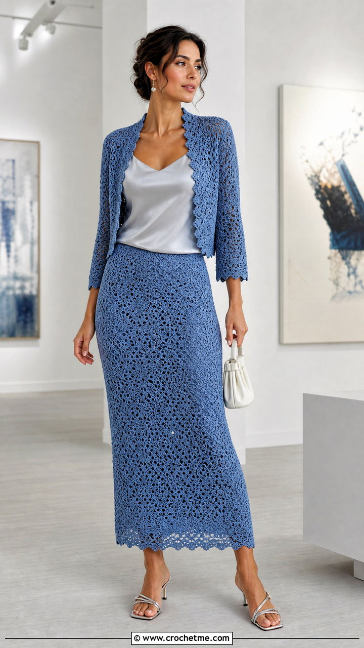 Crochet Bolero And Slip Skirt Set With Satin Camisole - 35 crochet set outfit ideas