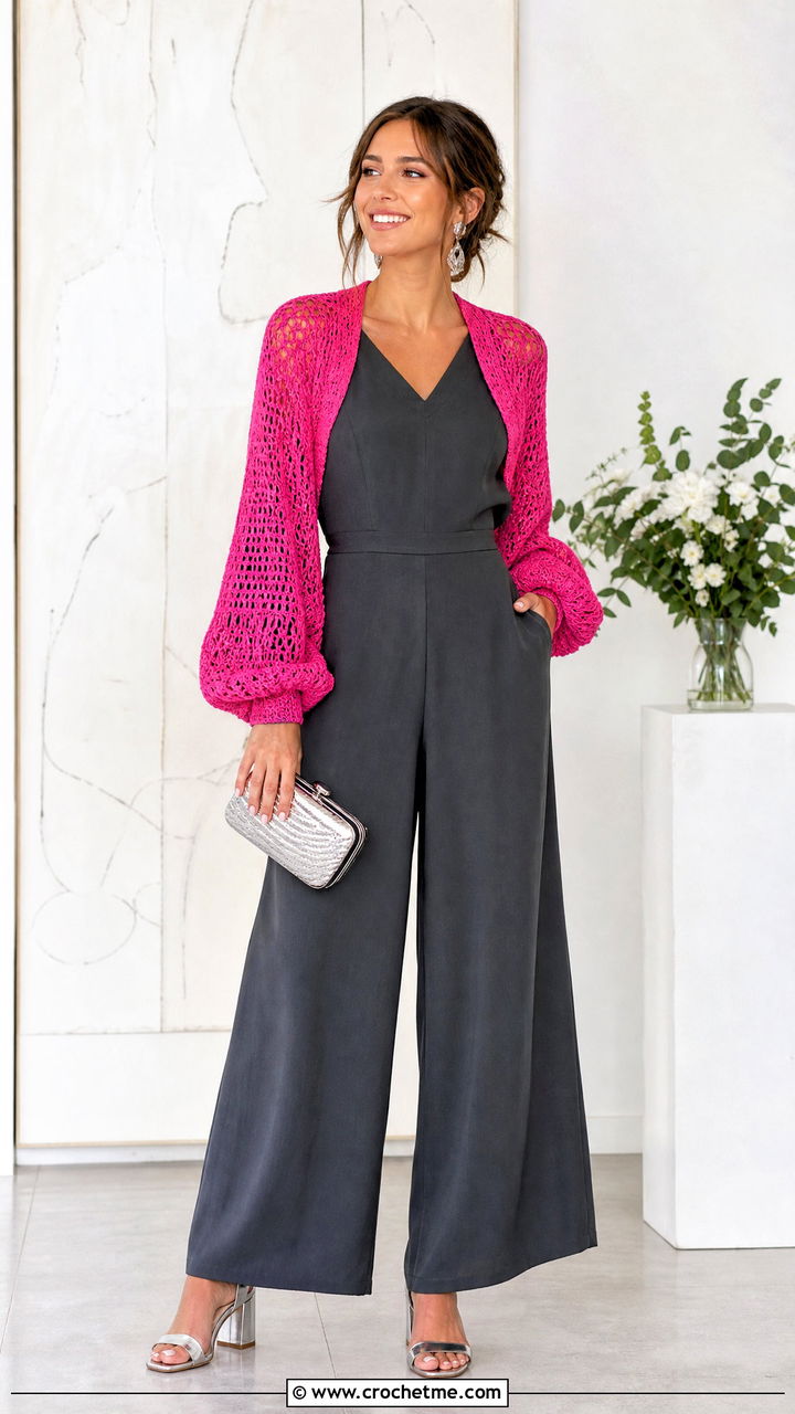 Crochet Bolero Boho Cardigan With Wide Leg Jumpsuit - 35 crochet boho cardigan outfit ideas