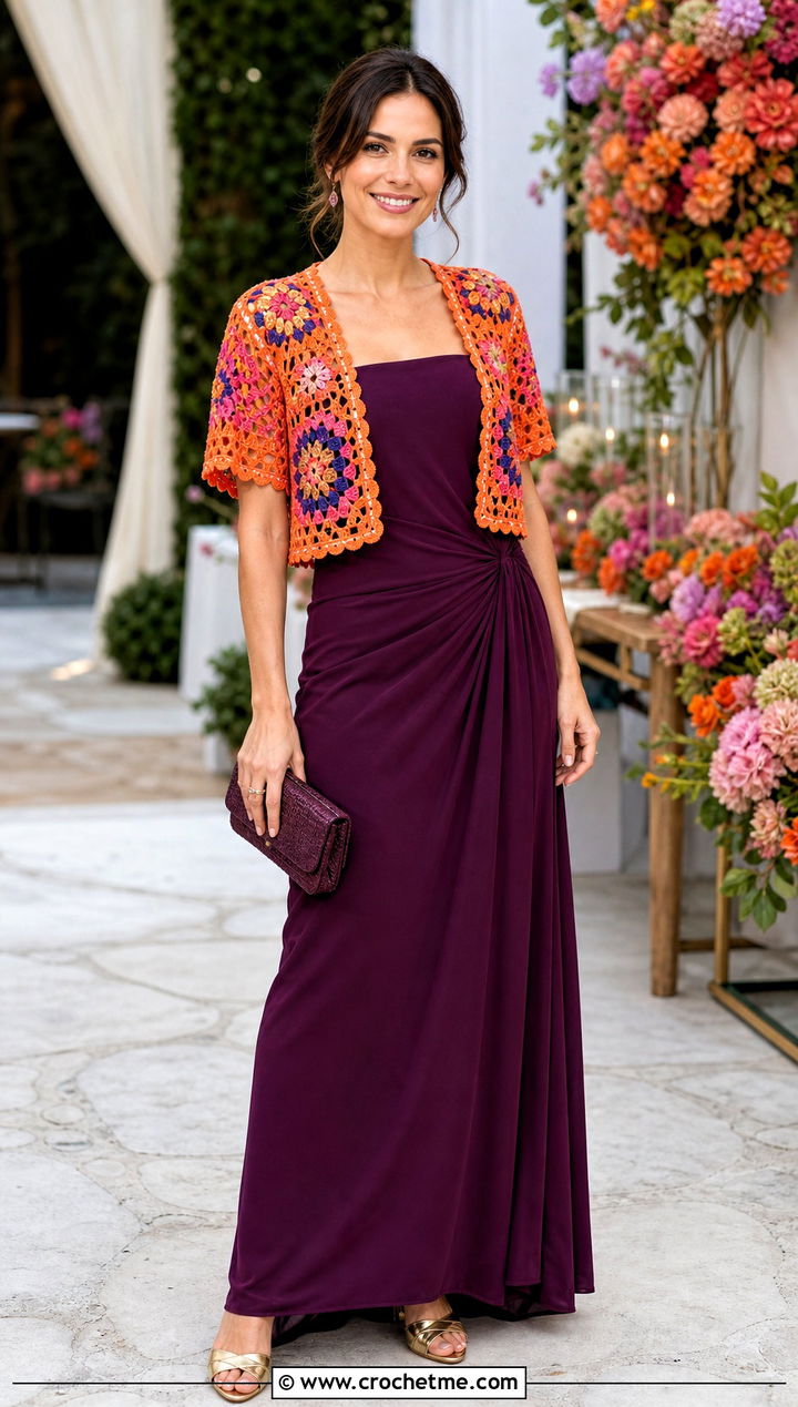 Crochet Bolero Cardigan With A Strapless Maxi Dress - 25 Crochet Colourful Cardigan outfit ideas