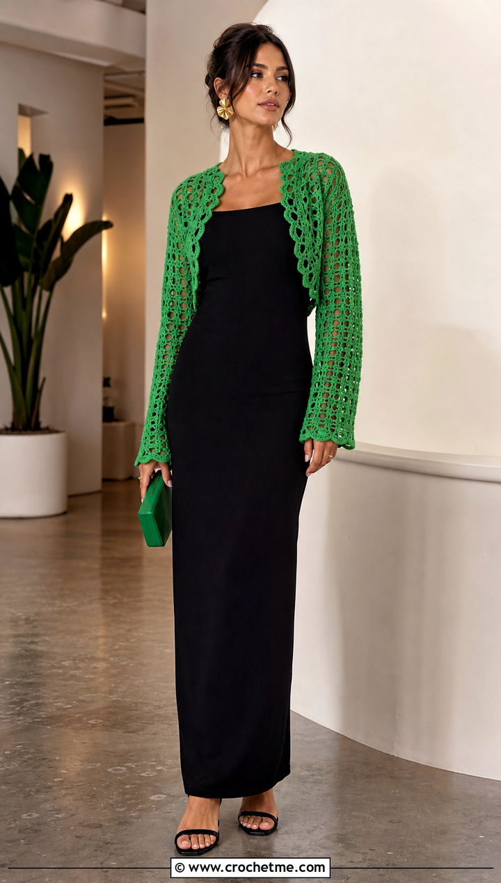 Crochet Bolero Cardigan With Column Maxi Dress - 35 cropped crochet cardigan outfit ideas