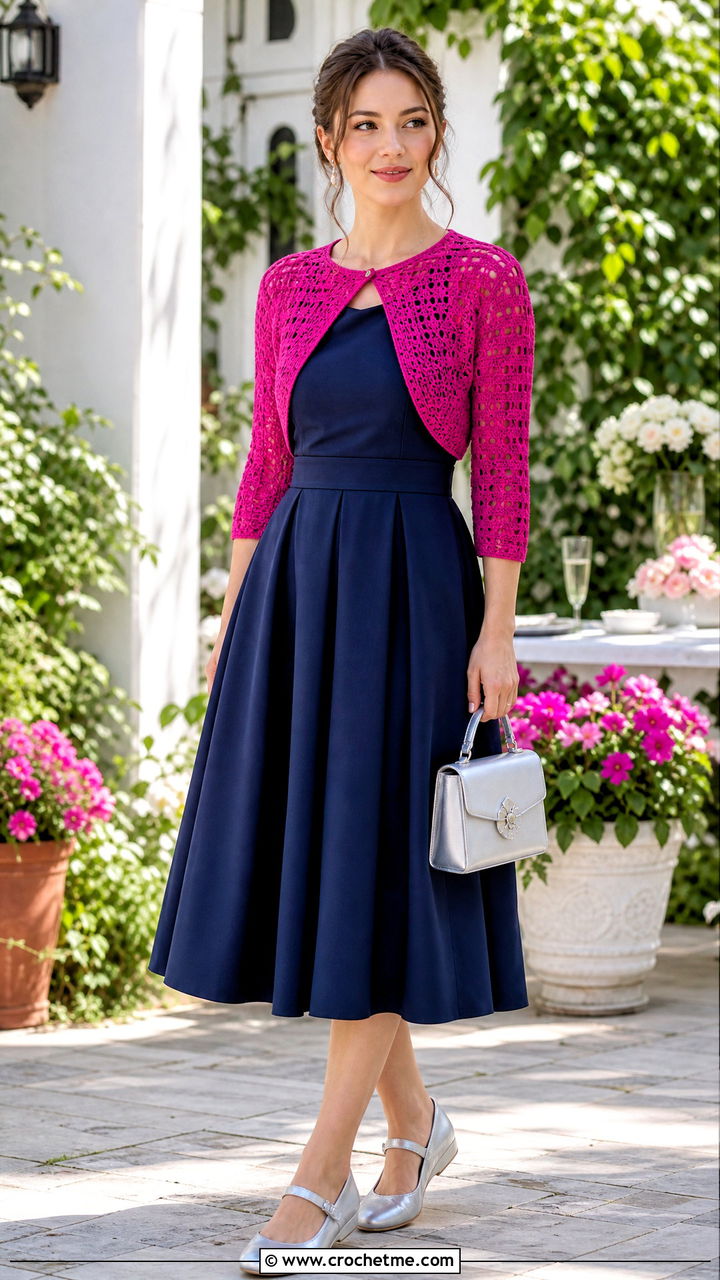 Crochet Bolero Cardigan With Fit And Flare Dress - 35 crochet cardigan for women outfit ideas