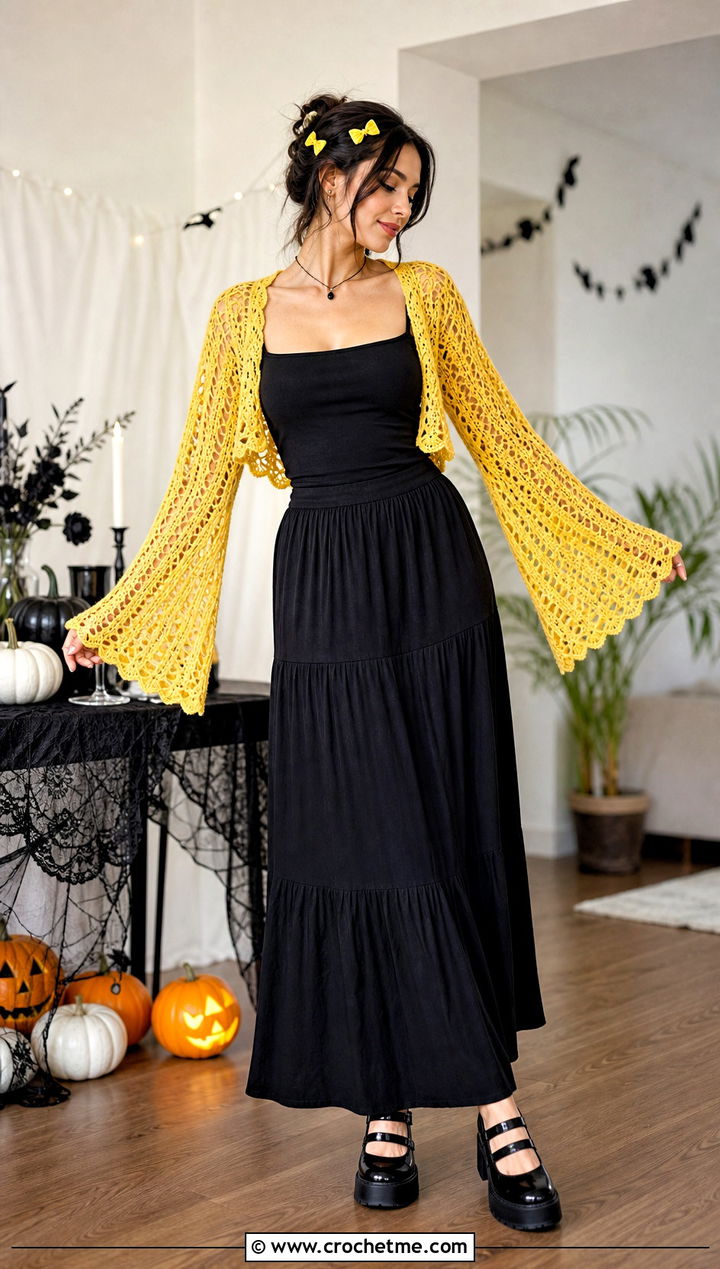 Crochet Bolero Cardigan With Maxi Skirt - 25 halloween crochet cardigan outfit ideas