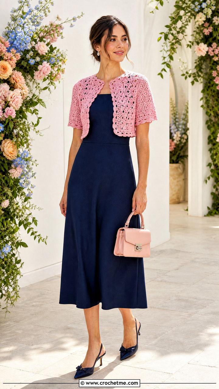 Crochet Bolero Cardigan With Sleeveless Midi Dress - 35 crochet cardigan women outfit ideas