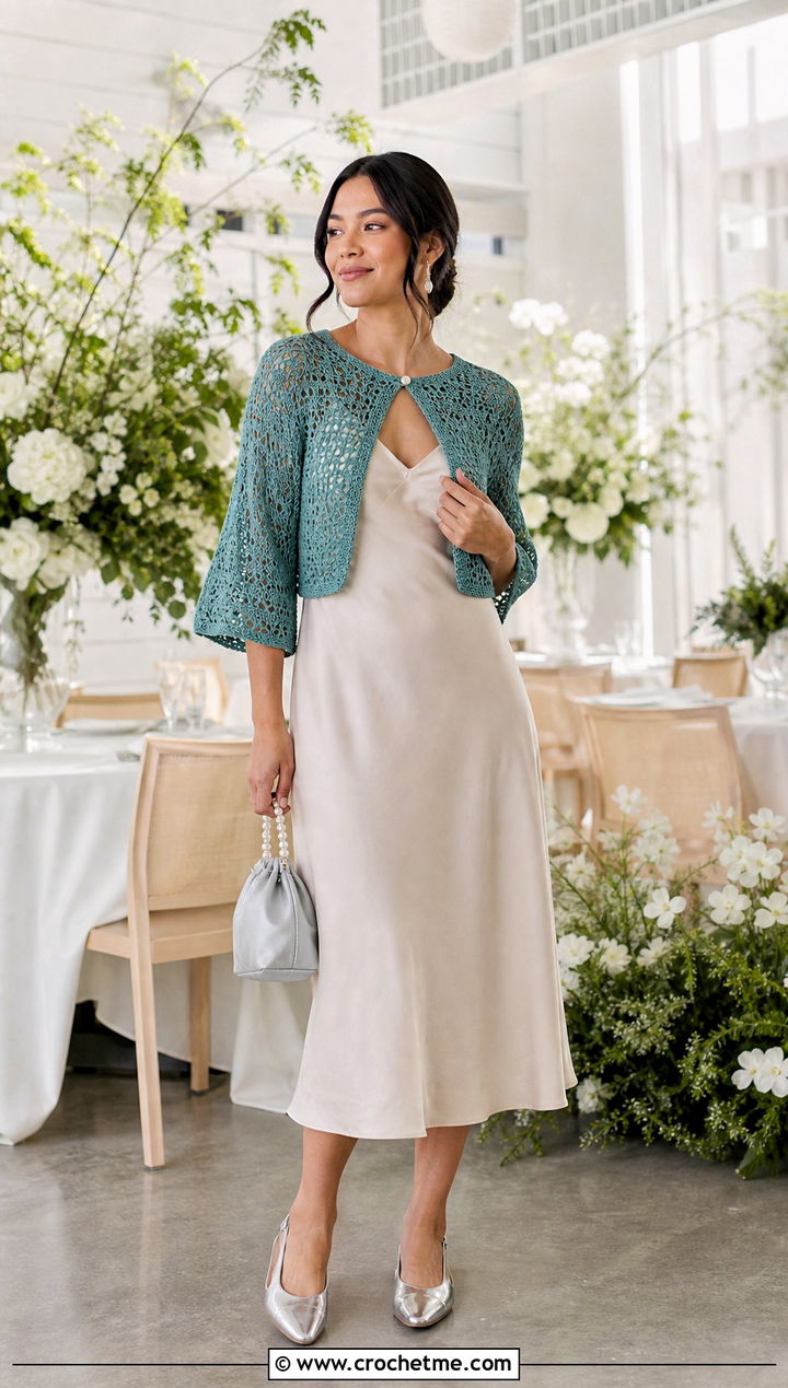 Crochet Bolero Cardigan With Slip Dress - 30 crochet spring cardigan outfit ideas