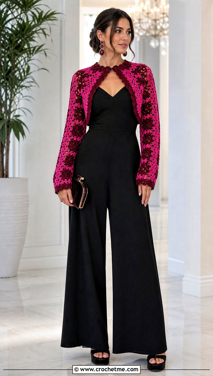 Crochet Bolero Cardigan With Wide Leg Jumpsuit - 30 two color crochet cardigan outfit ideas