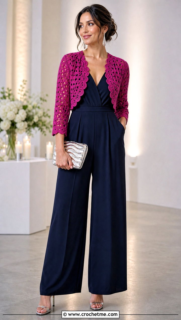 Crochet Bolero Cardigan With Wide Leg Jumpsuit - 15 Ultimate Lounge Crochet Cardigan outfit ideas