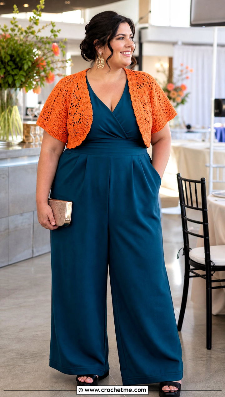 Crochet Bolero Cardigan With Wide Leg Jumpsuit - 30 crochet plus size cardigan outfit ideas