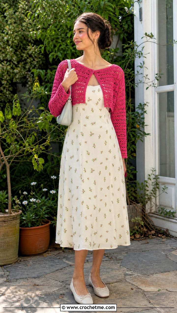 Crochet Bolero Floral Midi Dress With Ballet Flats - 25 crochet and fabric dress outfit ideas